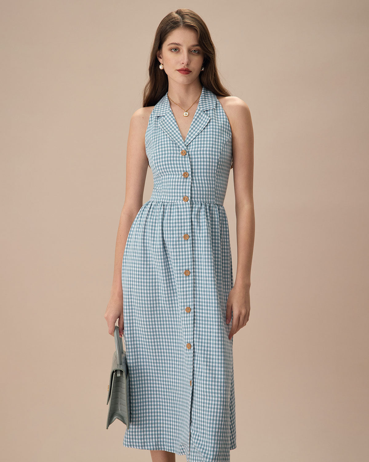 The Blue Lapel Plaid Sleeveless Shirt Midi Dress - Threadford