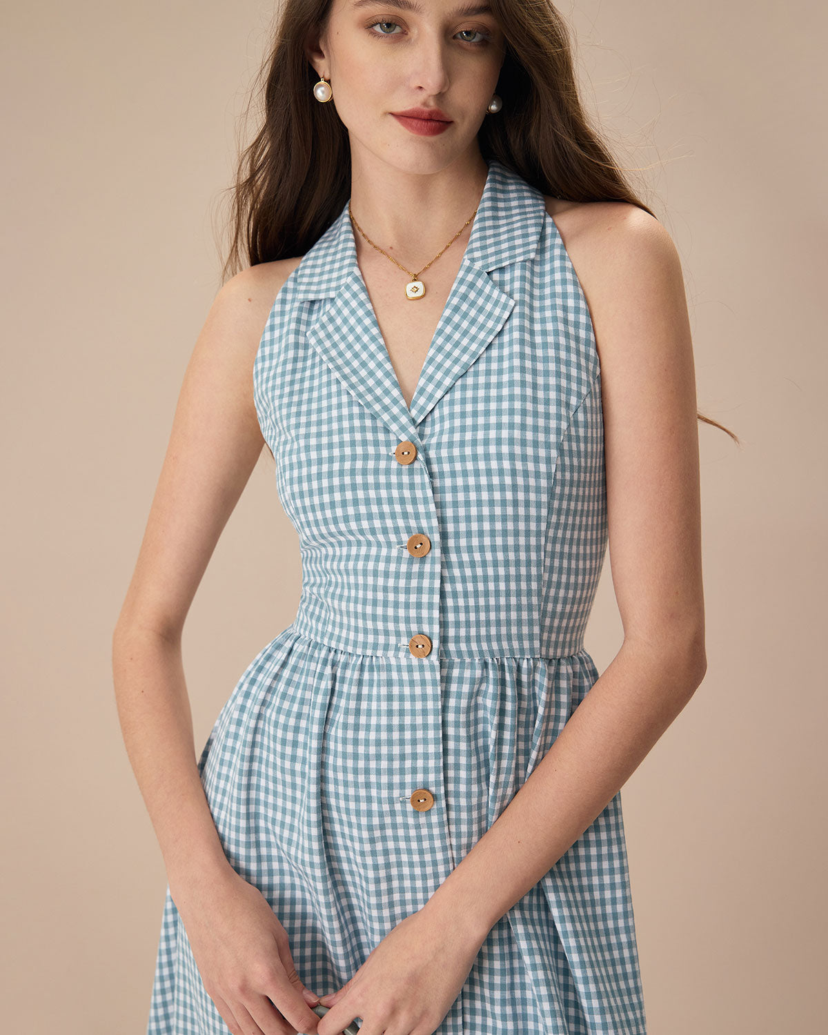 The Blue Lapel Plaid Sleeveless Shirt Midi Dress - Threadford