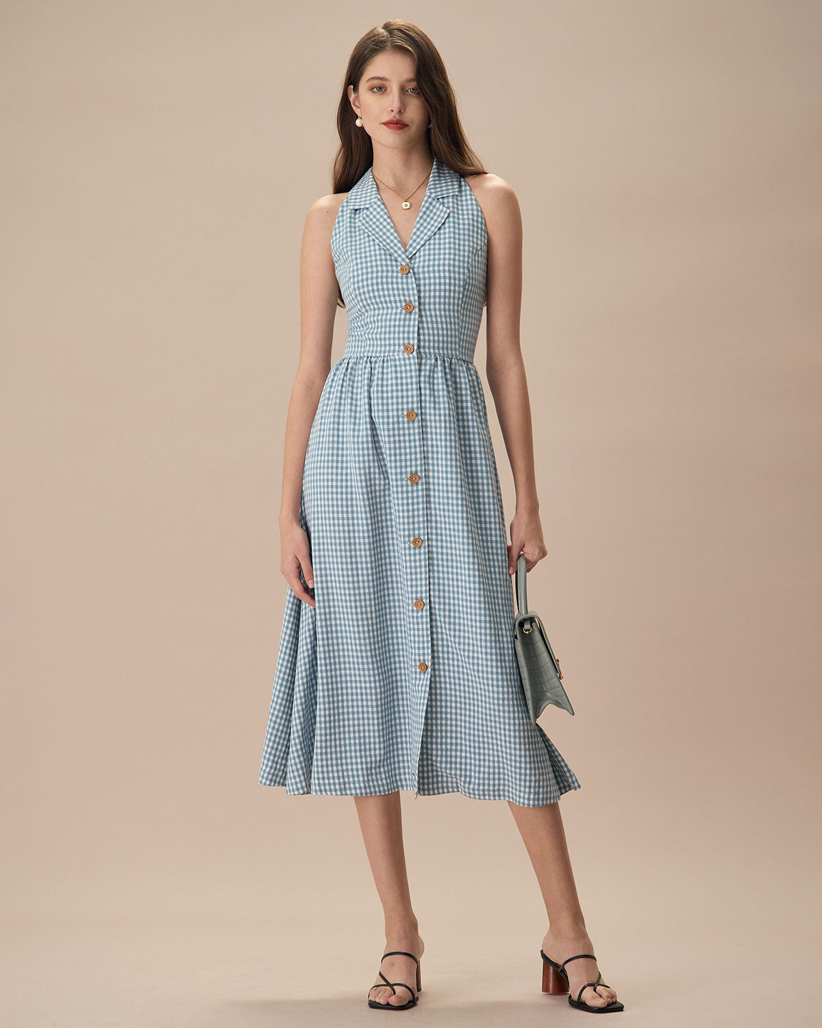 The Blue Lapel Plaid Sleeveless Shirt Midi Dress - Threadford