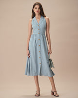 The Blue Lapel Plaid Sleeveless Shirt Midi Dress - Threadford