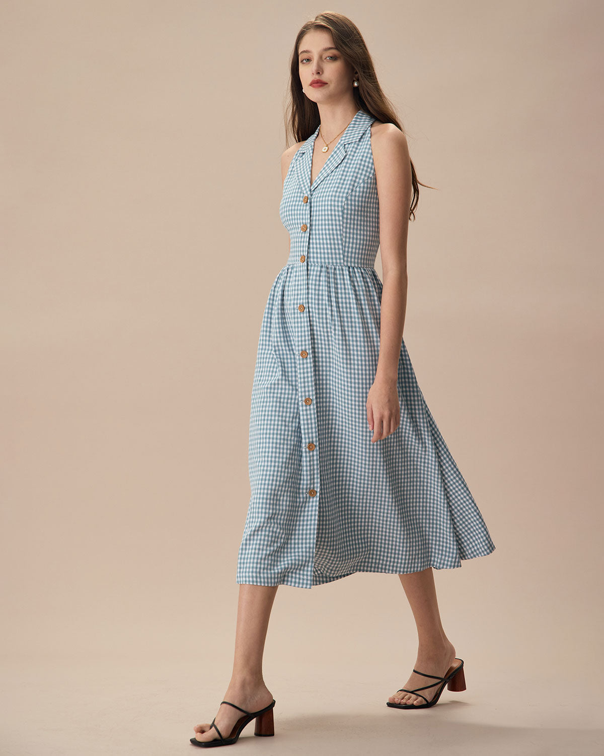 The Blue Lapel Plaid Sleeveless Shirt Midi Dress - Threadford