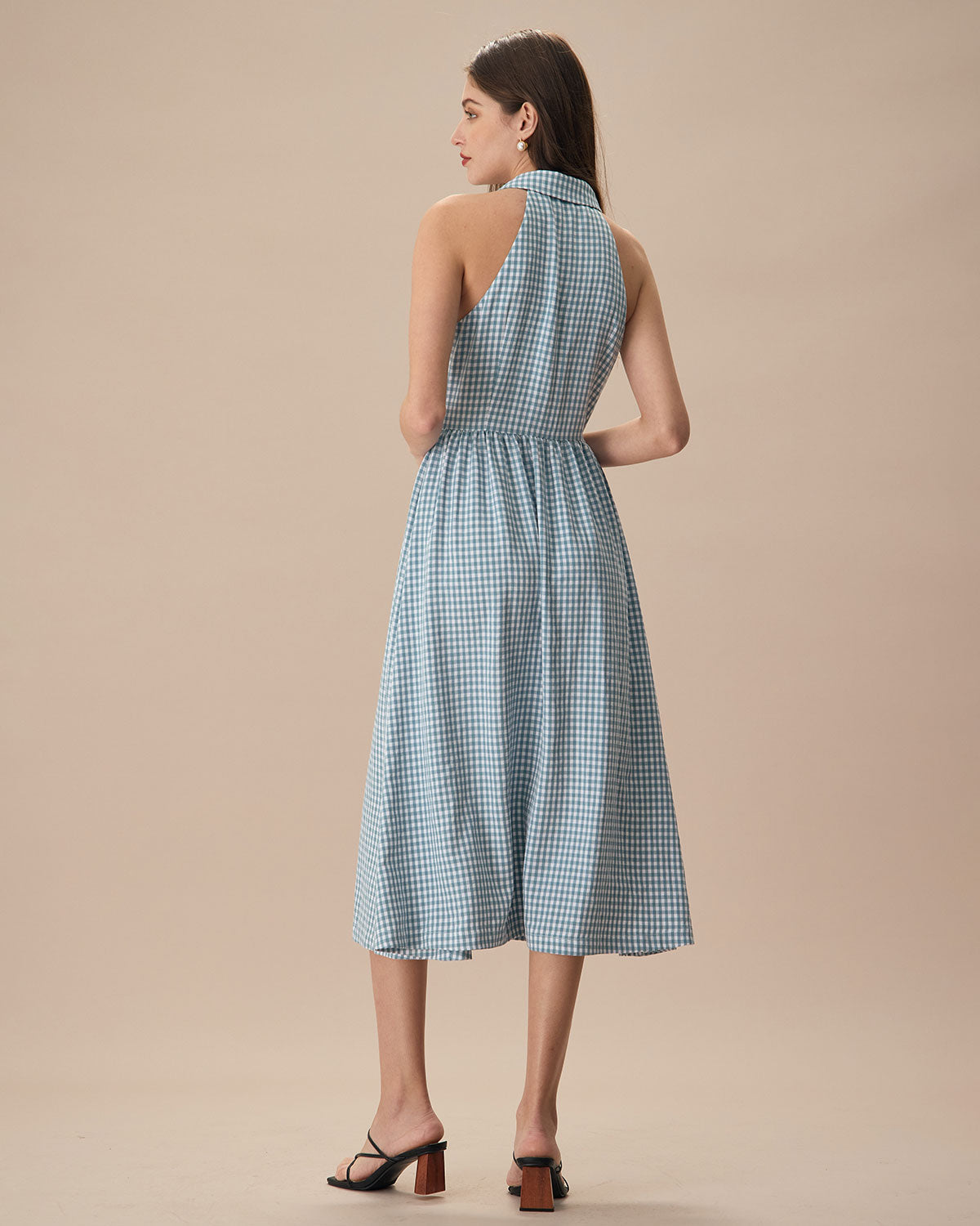 The Blue Lapel Plaid Sleeveless Shirt Midi Dress - Threadford