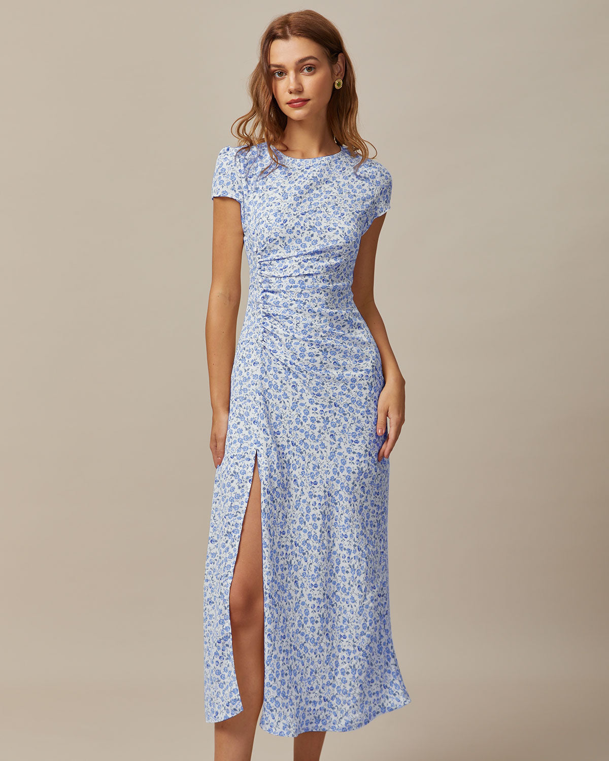 The Blue Round Neck Floral Slit Midi Dress - Threadford