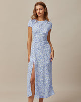 The Blue Round Neck Floral Slit Midi Dress - Threadford