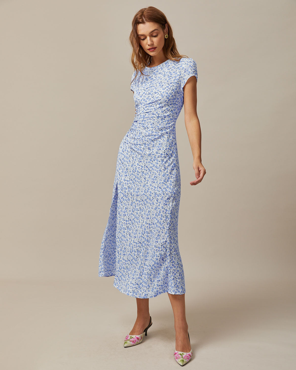 The Blue Round Neck Floral Slit Midi Dress - Threadford