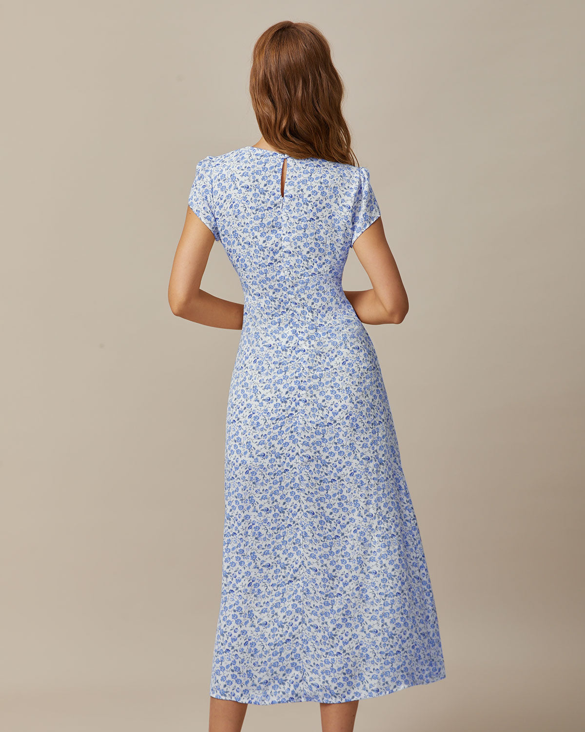 The Blue Round Neck Floral Slit Midi Dress - Threadford
