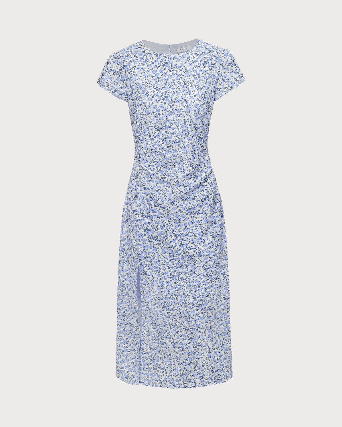 The Blue Round Neck Floral Slit Midi Dress - Threadford