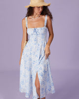 The Blue Square Neck Floral Ruched Midi Dress - Threadford