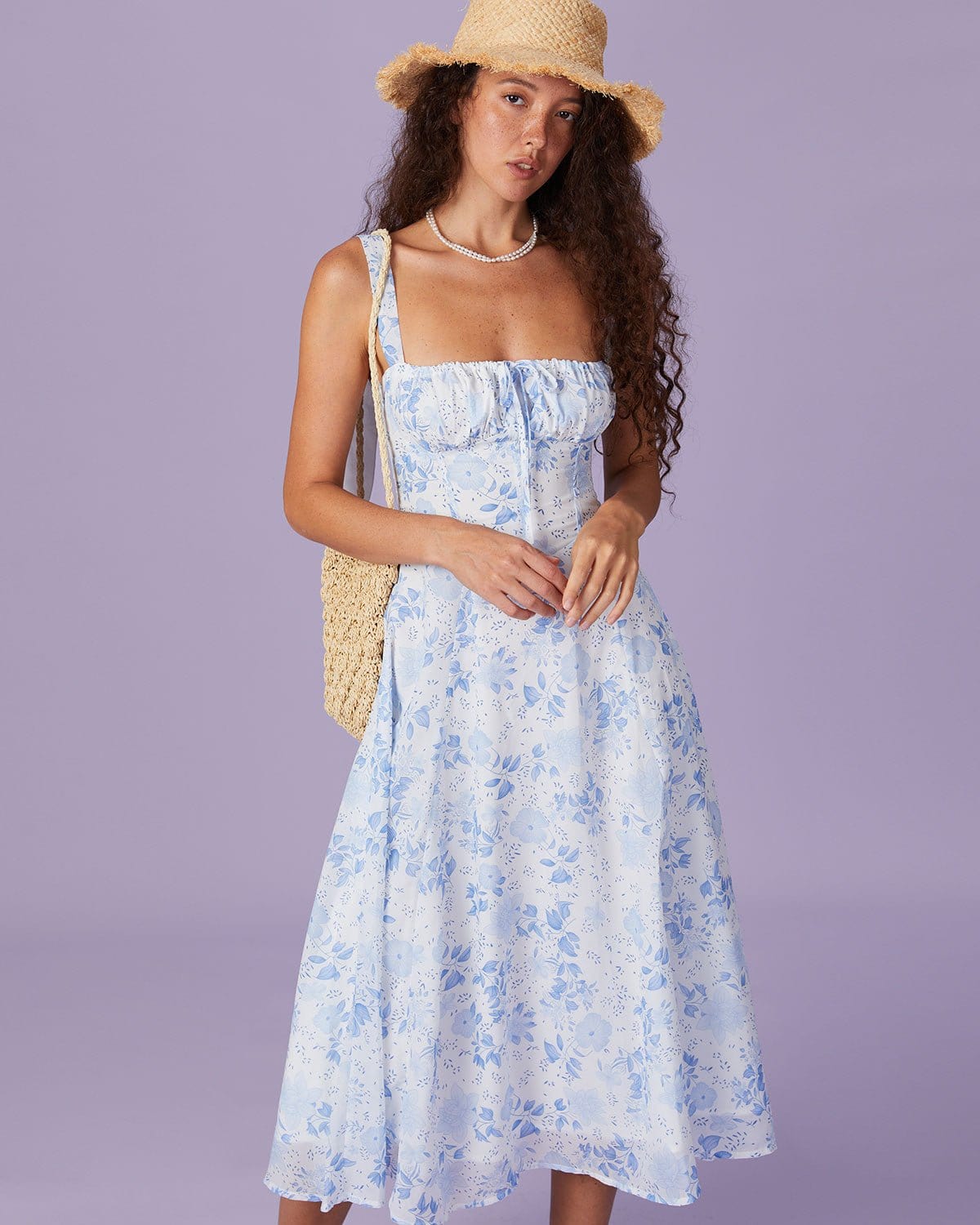 The Blue Square Neck Floral Ruched Midi Dress - Threadford