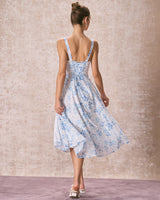 The Blue Square Neck Floral Ruched Midi Dress - Threadford