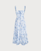 The Blue Square Neck Floral Ruched Midi Dress - Threadford