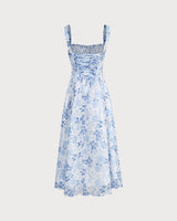The Blue Square Neck Floral Ruched Midi Dress - Threadford