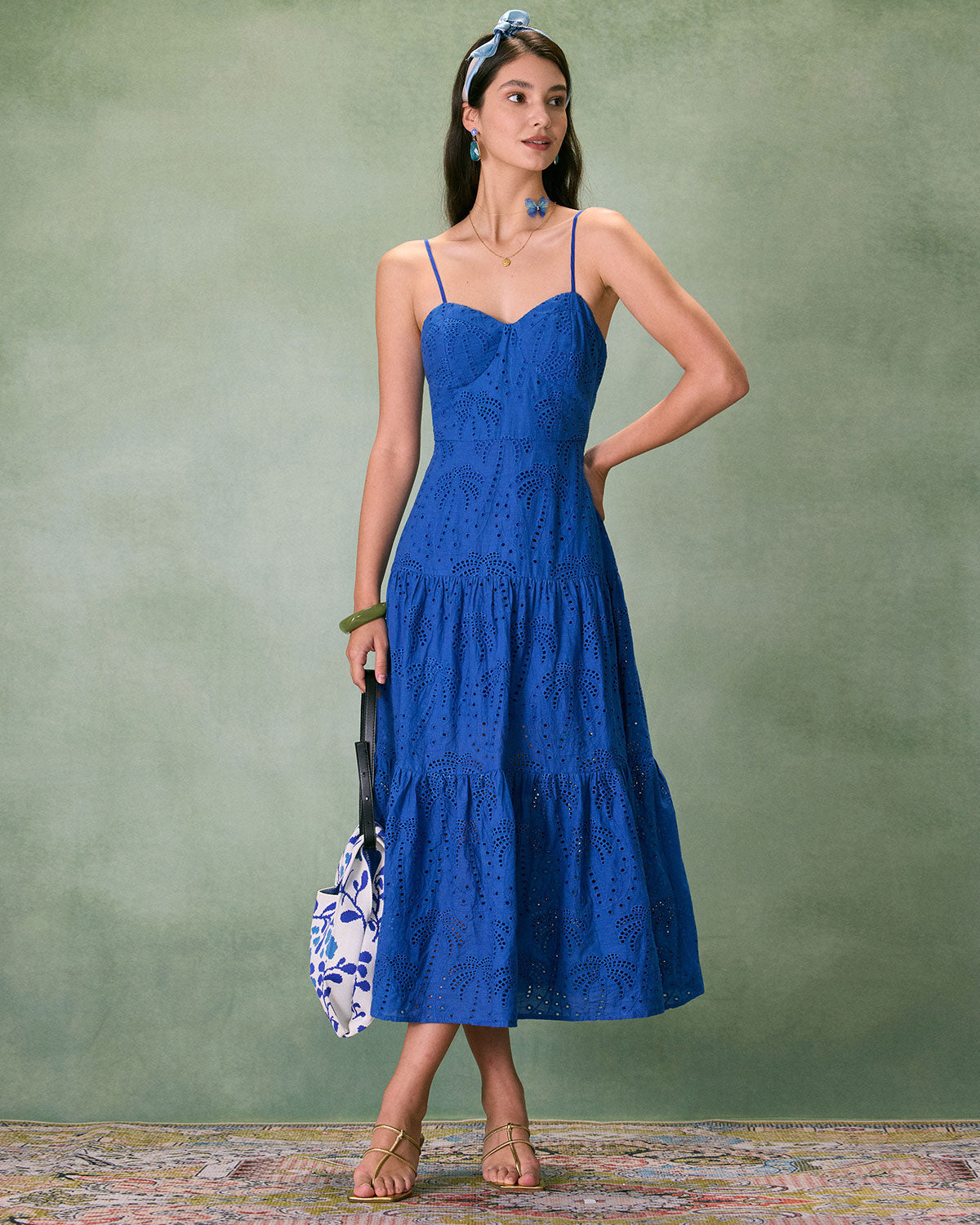The Blue Sweetheart Neck Embroidery Slip Midi Dress - Threadford