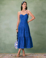 The Blue Sweetheart Neck Embroidery Slip Midi Dress - Threadford