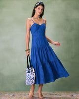 The Blue Sweetheart Neck Embroidery Slip Midi Dress - Threadford