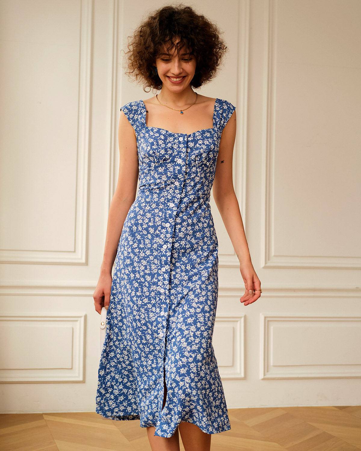 The Single-breasted Floral Midi Dress - Threadford