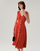 Red V-neck Button Sleeveless Midi Dress - Threadford
