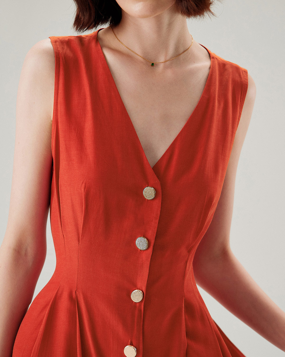 Red V-neck Button Sleeveless Midi Dress - Threadford