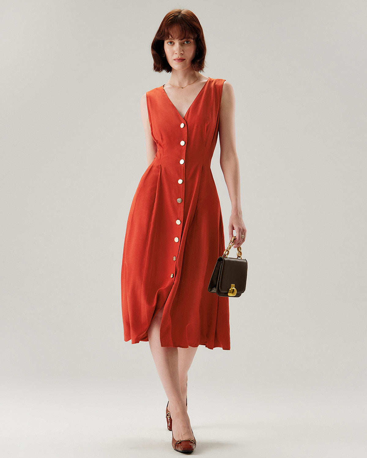 Red V-neck Button Sleeveless Midi Dress - Threadford