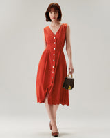 Red V-neck Button Sleeveless Midi Dress - Threadford