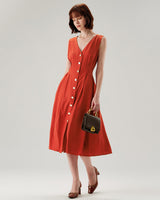 Red V-neck Button Sleeveless Midi Dress - Threadford
