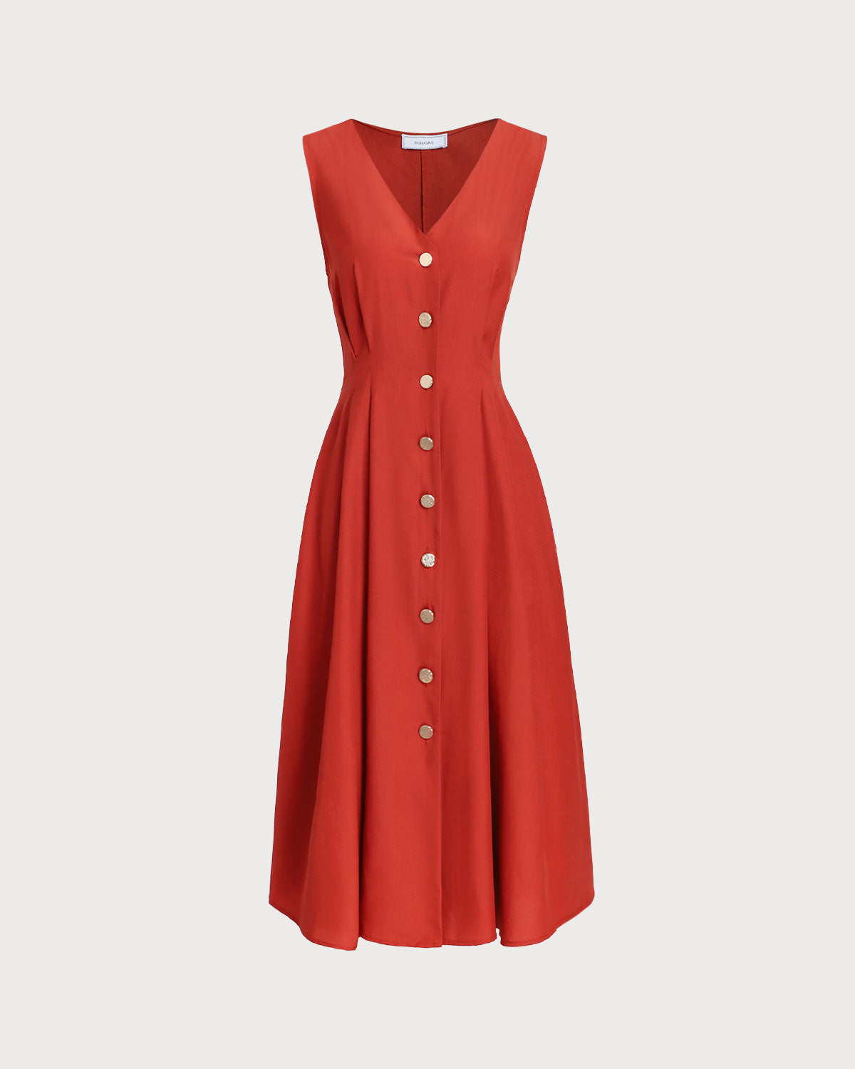 Red V-neck Button Sleeveless Midi Dress - Threadford