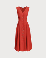 Red V-neck Button Sleeveless Midi Dress - Threadford