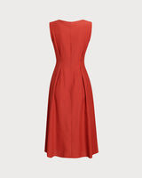 Red V-neck Button Sleeveless Midi Dress - Threadford