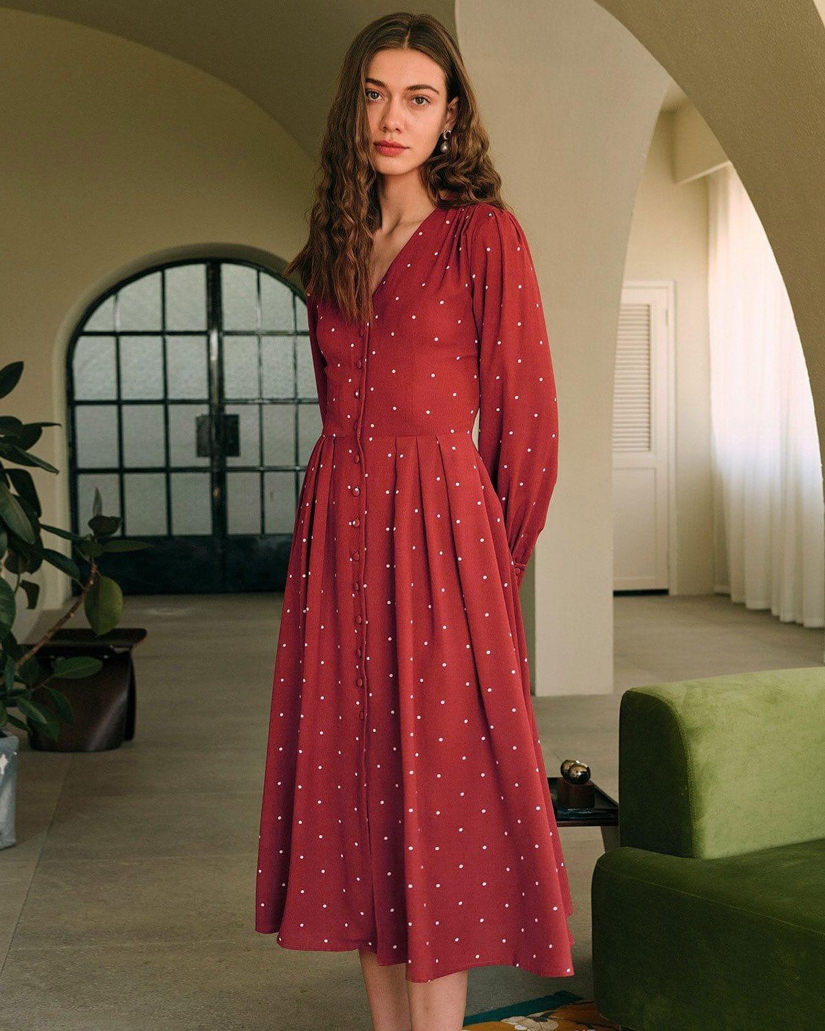 The Polka Dot Pleated Midi Dress - Threadford