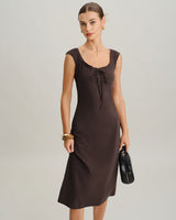Brown Boat Neck Cap Sleeve Midi Dress - Threadford