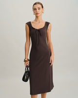 Brown Boat Neck Cap Sleeve Midi Dress - Threadford