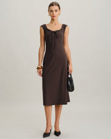 Brown Boat Neck Cap Sleeve Midi Dress - Threadford