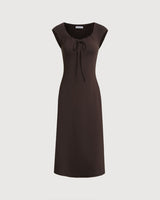 Brown Boat Neck Cap Sleeve Midi Dress - Threadford