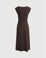 Brown Boat Neck Cap Sleeve Midi Dress - Threadford