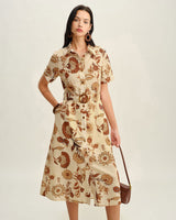 Brown Floral Belted Midi Dress - Threadford