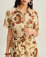 Brown Floral Belted Midi Dress - Threadford