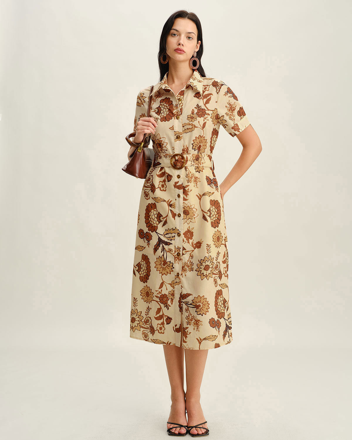 Brown Floral Belted Midi Dress - Threadford