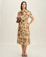 Brown Floral Belted Midi Dress - Threadford