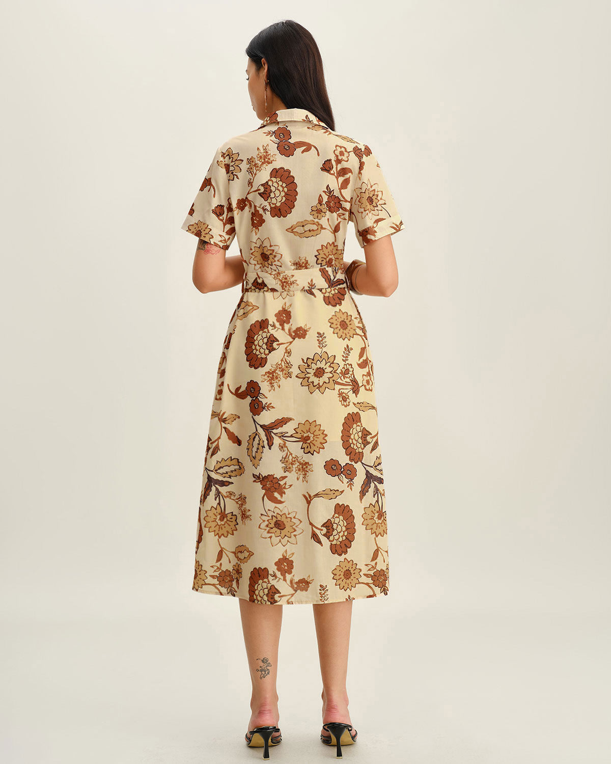 Brown Floral Belted Midi Dress - Threadford