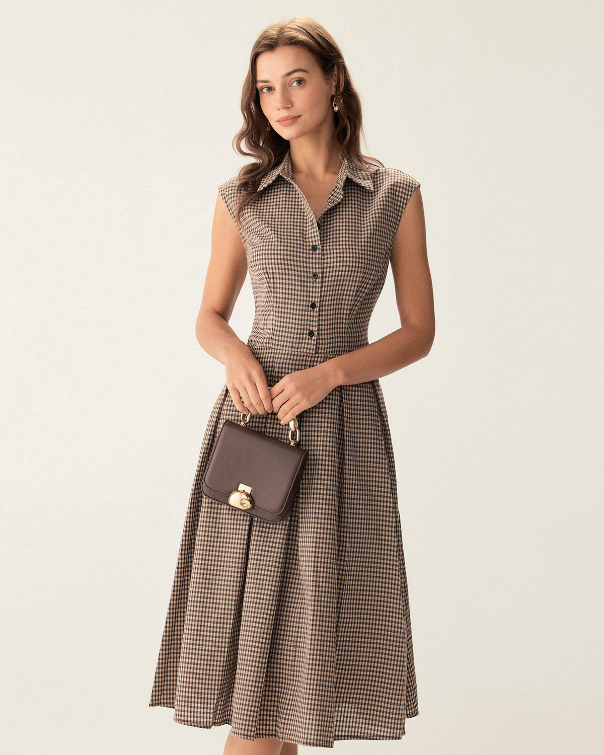 Brown Plaid Button Pleated Midi Dress - Threadford