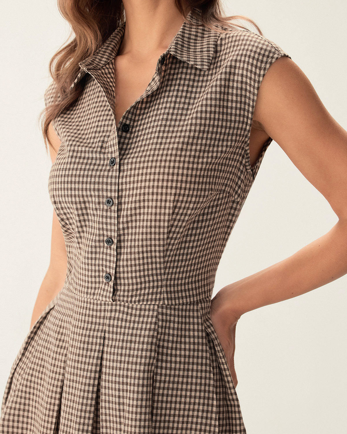 Brown Plaid Button Pleated Midi Dress - Threadford