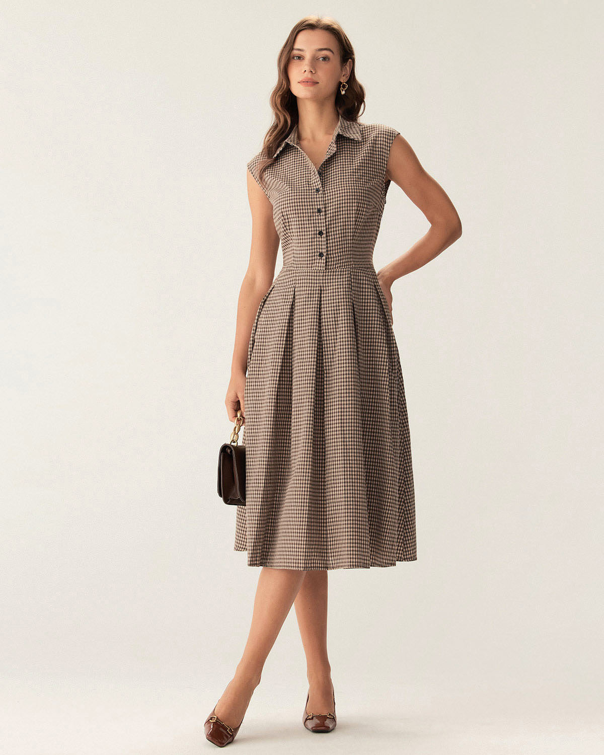 Brown Plaid Button Pleated Midi Dress - Threadford