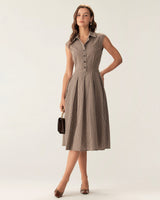 Brown Plaid Button Pleated Midi Dress - Threadford