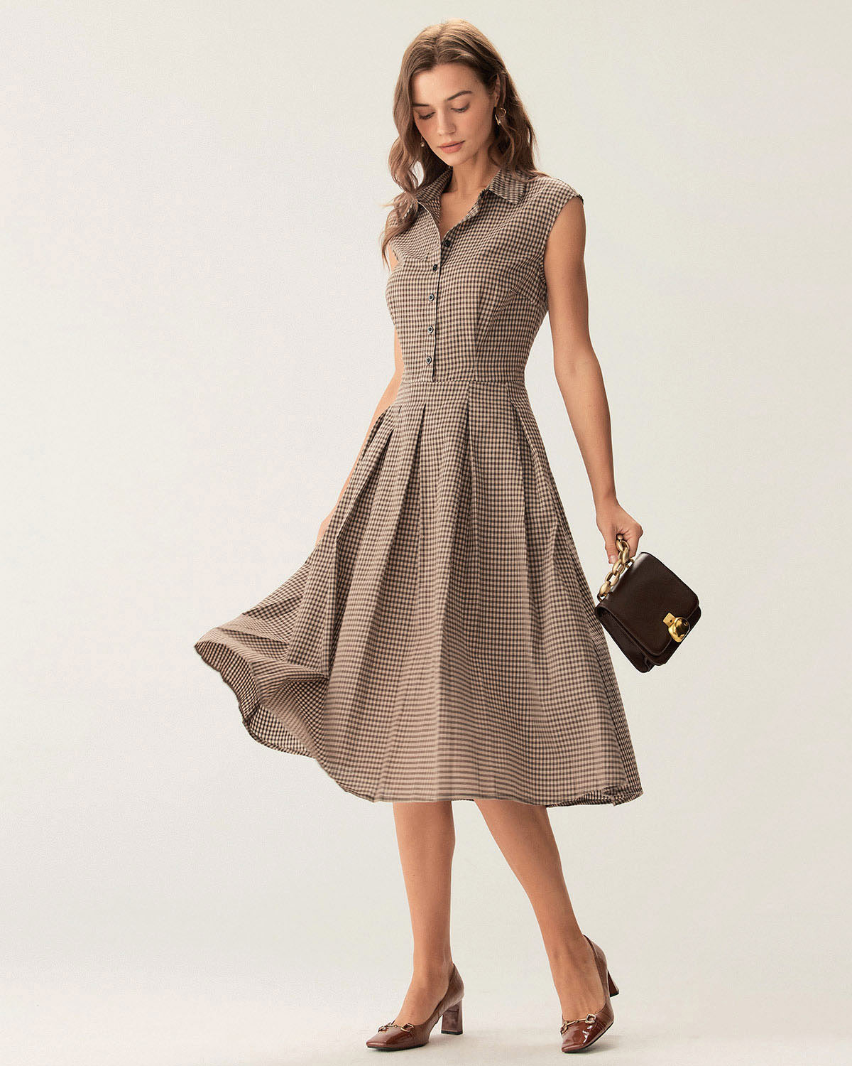 Brown Plaid Button Pleated Midi Dress - Threadford