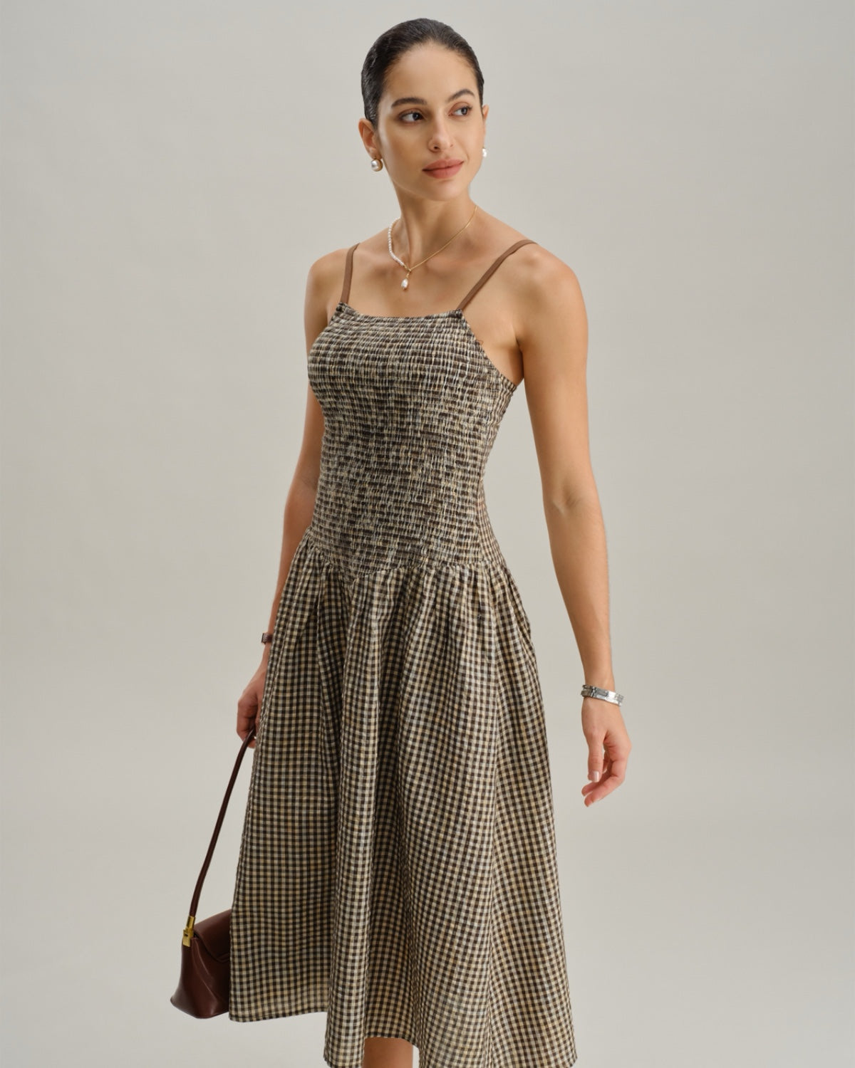 Brown Plaid Shirred Slip Midi Dress - Threadford