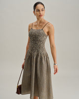 Brown Plaid Shirred Slip Midi Dress - Threadford