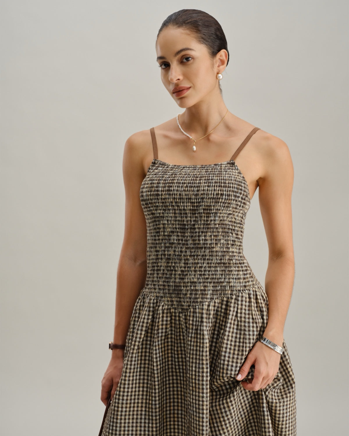 Brown Plaid Shirred Slip Midi Dress - Threadford
