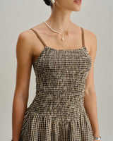 Brown Plaid Shirred Slip Midi Dress - Threadford