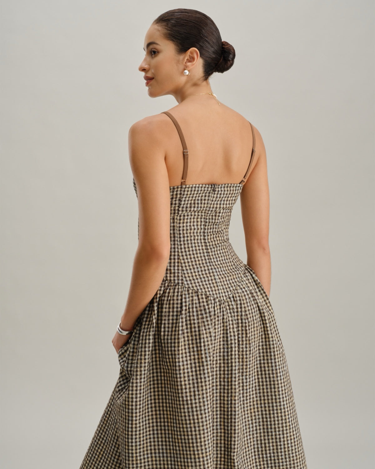 Brown Plaid Shirred Slip Midi Dress - Threadford