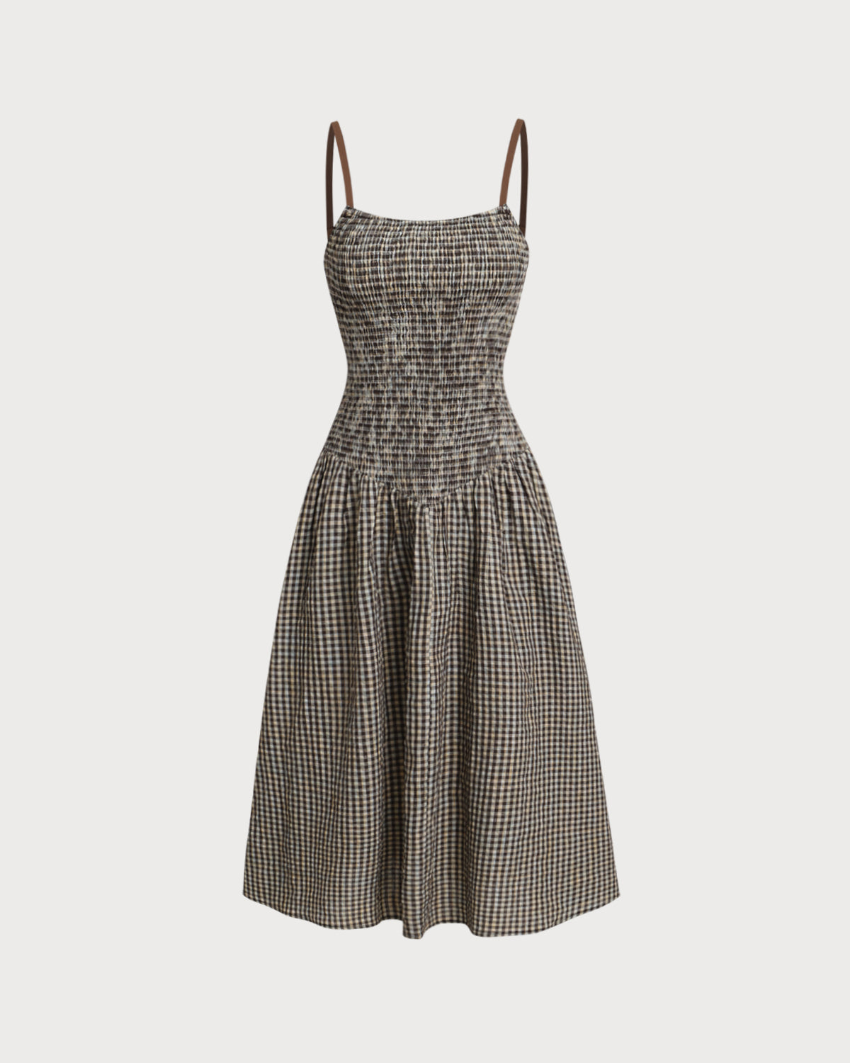 Brown Plaid Shirred Slip Midi Dress - Threadford